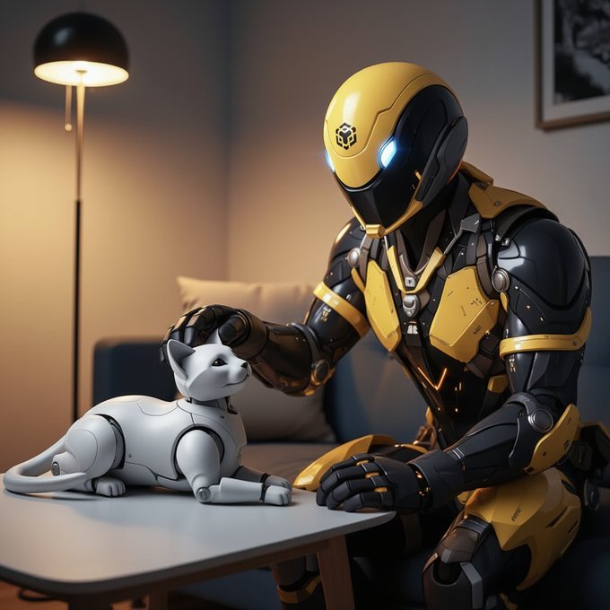 A sleek yellow-and-black armored robot gently pets a small white robotic cat on a tabletop in a cozy living room setting, visually symbolizing the playful, global "Cat + CaptainBNB" partnership aimed at onboarding billions to the Binance Super App. The scene's warm domestic lighting contrasts with the futuristic mech characters to reinforce the message of approachable, fun familiarity paired with Binance's tech-driven mission.