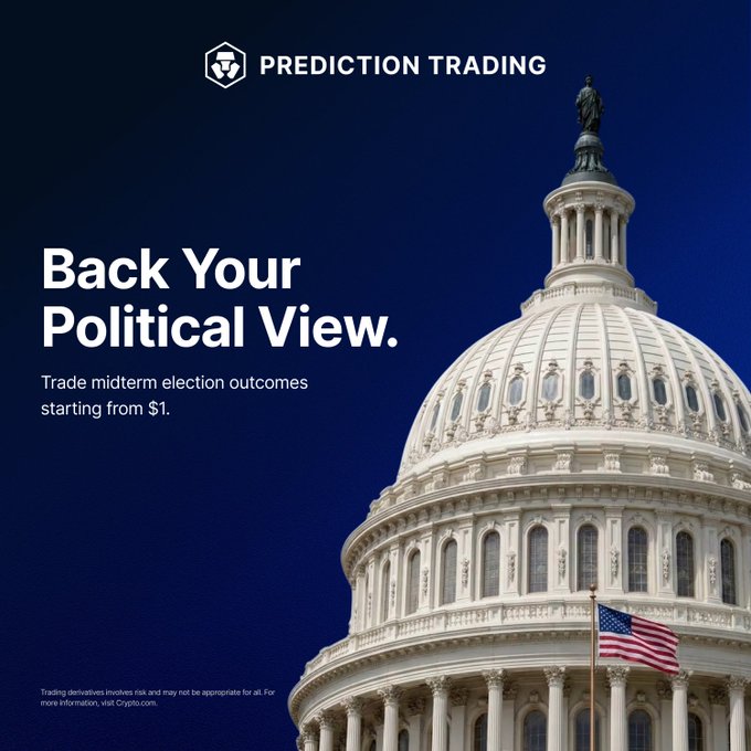An advertisement for Crypto.com's Prediction Trading platform features an image of the U.S. Capitol Building alongside text reading "PREDICTION TRADING" and "Back Your Political View. Trade midterm election outcomes starting from $1."
