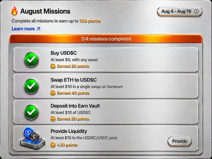 A screenshot of "August Missions" showing 3/4 missions completed (Buy USD$C, Swap ETH to USDC, Deposit into Earn Vault), with a pending mission to provide liquidity to a USDC pool.