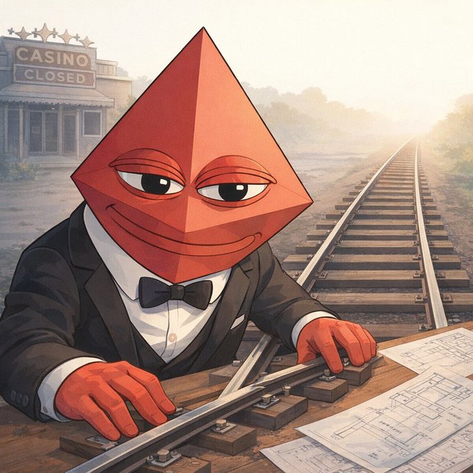 The image features an anthropomorphized cartoon character dressed in a suit and tie sitting at a desk with papers in front of him. The character has red eyes, giving him a unique appearance. In the background, there are train tracks running through a forested area, adding depth to the scene. The post about the casino being closed is related to this image because it suggests that the character might be involved in some sort of gambling or financial activity, given his attire and the presence of papers on the desk.