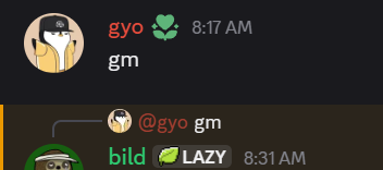 The image shows a Discord exchange where user "gyo" posts "gm" at 8:17 AM, followed by "bild 🫶 LAZY" replying with "@gyo gm" at 8:31 AM. The "gm" (good morning) greeting aligns with the post's casual crypto community tone, reflecting the welcoming, laid-back culture typical of Celestia and similar Web3 project communities.