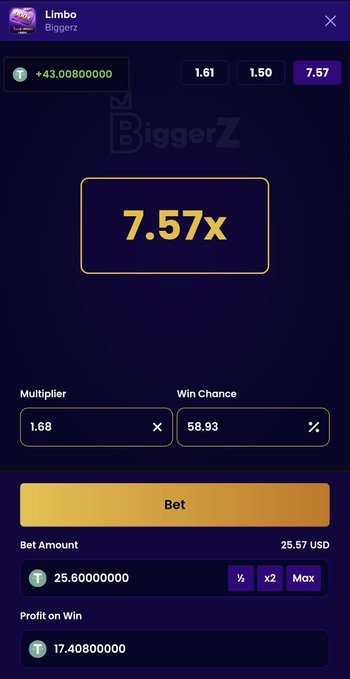 A Limbo betting game interface on BiggerZ showing a 7.57x multiplier, a 1.68 multiplier, 58.93 win chance, and a bet amount of 25.60 USD with a potential profit of 17.408 USD.