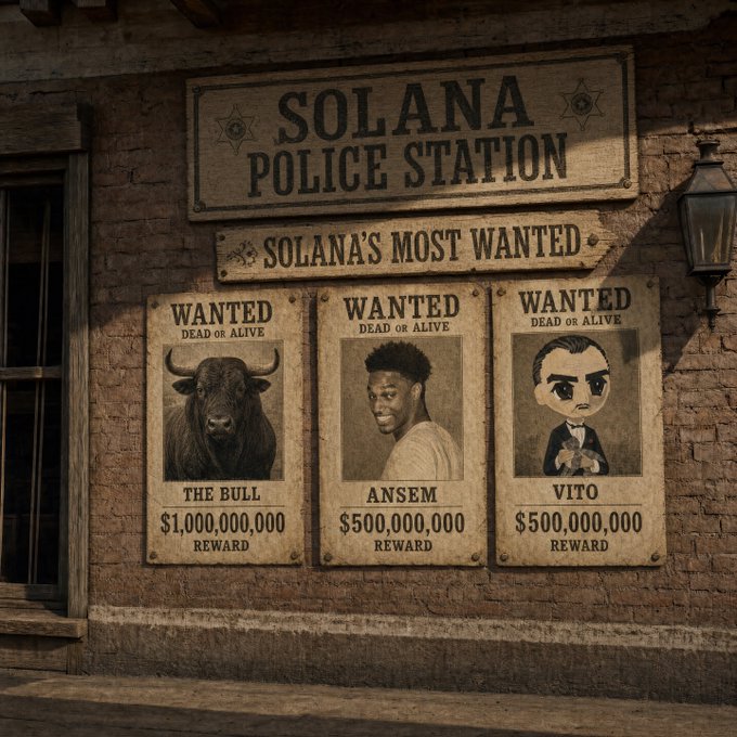 A vintage-style "Solana Police Station" wall displays three "Dead or Alive" wanted posters under a "Solana's Most Wanted" banner, featuring "The Bull" with a $1,000,000,000 reward, "Ansem" with a $500,000,000 reward, and "Vito" with a $500,000,000 reward—visually framing $ANSEM as a sought-after bullish figure in the Solana crypto community.