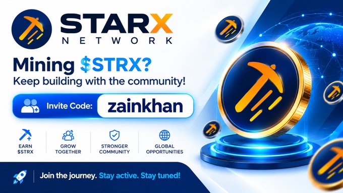 A promotional graphic for STARX Network features the company's logo and name in bold white and yellow lettering against a deep blue background, alongside a large gold "$TRX" coin and a stylized globe symbolizing global connectivity. The banner highlights crypto mining opportunities with the headline "Mining $STRX? Keep building with the community!" and prominently displays the invite code "zainkhan" for new users. Four icons along the bottom emphasize the platform's benefits: "Earn $STRX," "Grow Together," "Stronger Community," and "Global Opportunities," while the tagline "Join the journey. Stay active. Stay tuned!" appears at the bottom near a rocket icon, visually reinforcing the post's message about advancing the future of Web3.