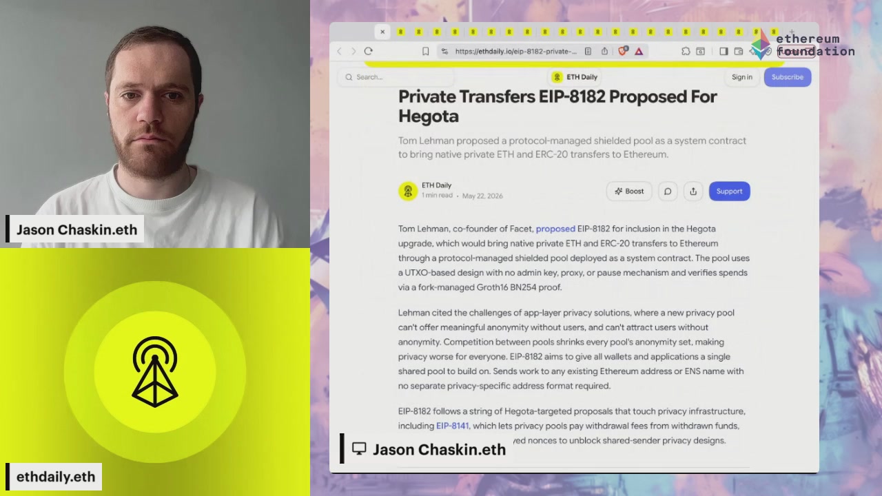 The image shows a computer screen with an open webpage, which appears to be about private transfers of EIP-8213. The text on the page suggests that this transfer has been proposed by a company named "Hego". There are two men in the image, one sitting behind the computer and another standing next to it. They seem to be discussing or reviewing the webpage content.