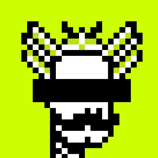 A pixel art image featuring a stylized figure with large glasses made of a black and white checkerboard pattern, set against a bright neon green background.