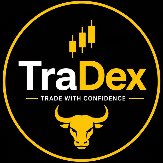 The image is a circular logo for "TraDex" with the tagline "TRADE WITH CONFIDENCE," featuring candlestick chart graphics at the top and a bull's head at the bottom, all in yellow and white against a black background. The logo visually reinforces the post's introduction of TraDex as a crypto and DEX trading insights channel, with the bull symbolizing bullish market confidence.