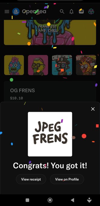 OpenSea mobile app screenshot displaying an NFT collection called 'OG FRENS' priced at $10.10, with a popup confirming 'Congrats! You got it!' for the 'JPEG FRENS' NFT.