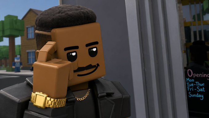 A LEGO-style avatar with a mustache, gold chain, and gold watch is making a phone call, standing near a storefront with an "Opening" sign listing hours (Mon, Tue-Thu, Fri-Sat, Sunday) — using the meme to suggest a "call to action" for investors to join the $ROBLOXIANS community merging Roblox memes and stock culture.