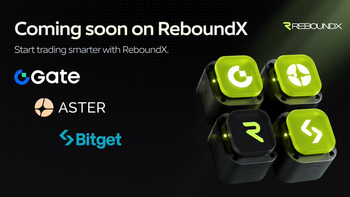 A 'Coming soon on ReboundX' promotional banner showing the ReboundX logo alongside partner logos for Gate, Aster, and Bitget, with 3D green and black cubes on the right.