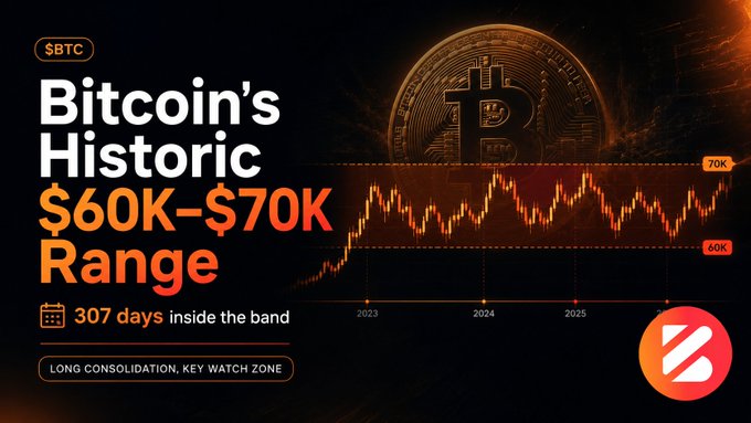 A financial graphic titled 'Bitcoin's Historic $60K-$70K Range' showing a candlestick chart with the BTC ticker, noting '307 days inside the band' and labeling it a 'LONG CONSOLIDATION, KEY WATCH ZONE' across 2023-2025.