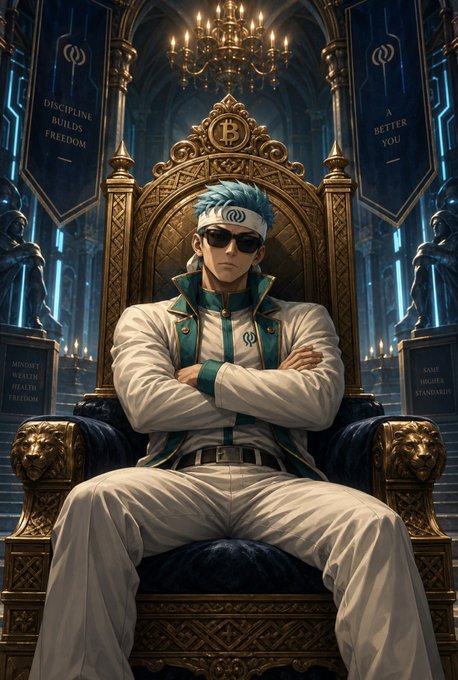 An anime-style illustration of a muscular man with blue hair and sunglasses sitting confidently on a large golden throne, wearing a white and teal jacket, with banners behind him reading 'DISCIPLINE BUILDS FREEDOM' and 'A BETTER YOU'.