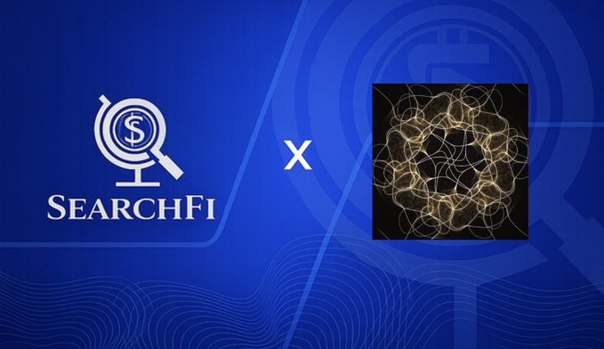A promotional graphic with a blue background featuring the 'SearchFi' logo (a magnifying glass with a dollar sign) and a 'x' symbol next to an abstract image of swirling golden lines, suggesting a collaboration or product feature.