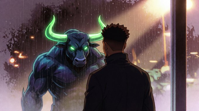 A glowing-eyed bull with icy green horns looms menacingly behind a man in a dark coat during a rain-soaked city night, visually embodying the caption "Coldest bull breathing" through the creature's frosty, supernatural aura.