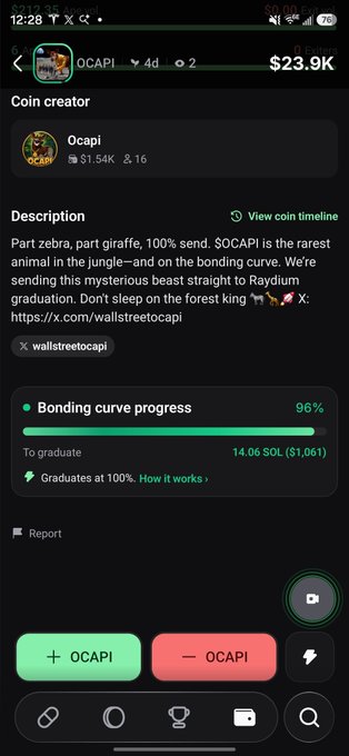 A pump.fun memecoin page for $OCAPI featuring a part-zebra, part-giraffe mascot with 100% send, 96% bonding curve progress toward Raydium graduation at 14.06 SOL ($1,061), with market cap showing $23.9K.