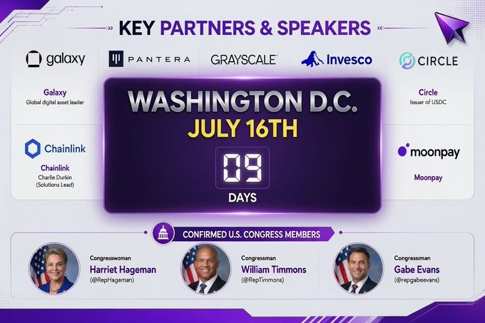 A promotional graphic for a cryptocurrency event in Washington D.C. on July 16th, featuring key partners and speakers including Galaxy, Pantera, Grayscale, Invesco, Circle, Chainlink (Charlie Durkin), and Moonpay, with confirmed U.S. Congress members Harriet Hageman, William Timmons, and Gabe Evans.