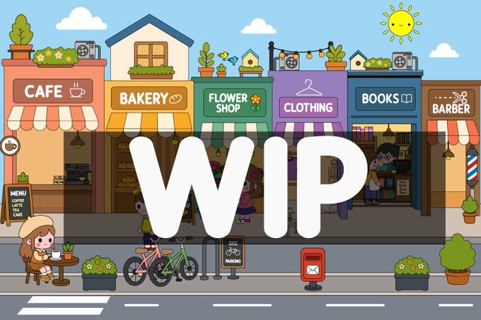 A cartoon-style illustration of a charming street with various shops labeled 'CAFE', 'BAKERY', 'FLOWER SHOP', 'CLOTHING', 'BOOKS', and 'BARBER', with a large 'WIP' watermark overlaid across the center.
