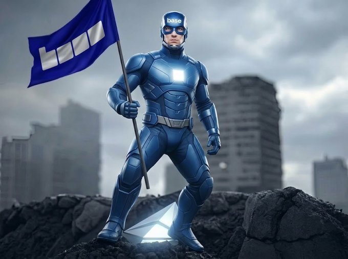 The image features a man dressed as Captain America, holding a blue flag with the letters "BH". He stands atop a rocky cliff or mountain, giving off an impression of strength and determination. The caption reads "Weekend vibes: Bullish on Base." This suggests that the character is embodying the qualities of a strong leader and warrior, ready to face any challenge that comes his way.