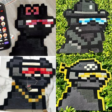 A collage of four pixel-art style felt character designs in black with different colored accents (red, blue, red/white, and yellow), resembling 8-bit video game sprites.