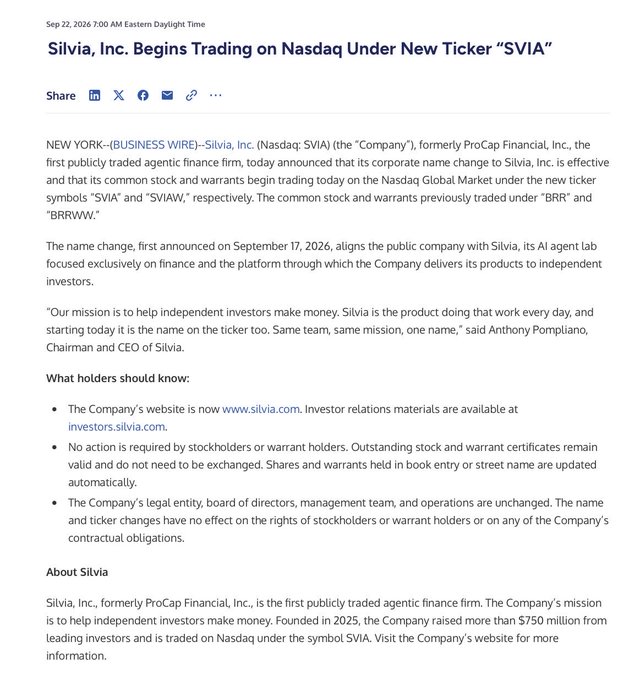 A press release from BUSINESS WIRE announces that ProCap Financial has rebranded to Silvia, Inc., changing its Nasdaq ticker symbols from BRR/BRRWW to SVIA/SVIAW as of September 22, 2026, aligning with the company's AI agent lab focus on finance. The official announcement supports the post's claim that ProCap Financial has officially become Silvia, Inc., with no action required from current stockholders or warrant holders.