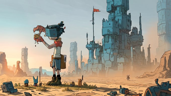 A digital illustration of a person wearing a VR headset in a futuristic desert landscape with tall blue structures and small robot companions.