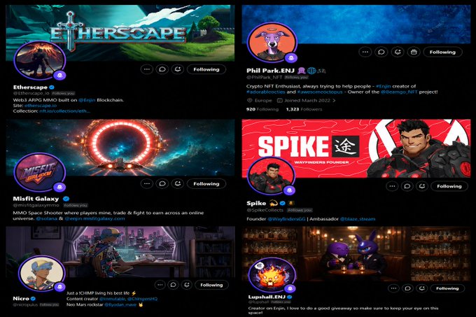 A screenshot showing six Twitter/X profiles, including Ethterscape, Phil Park, Misfit Galaxy, Spike, Nicro, and Lupusbull, all appearing to be NFT or crypto-related accounts.