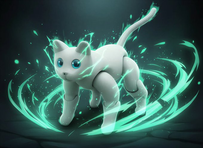A 3D rendered white cat with blue eyes surrounded by glowing teal magical energy swirls on a dark background.