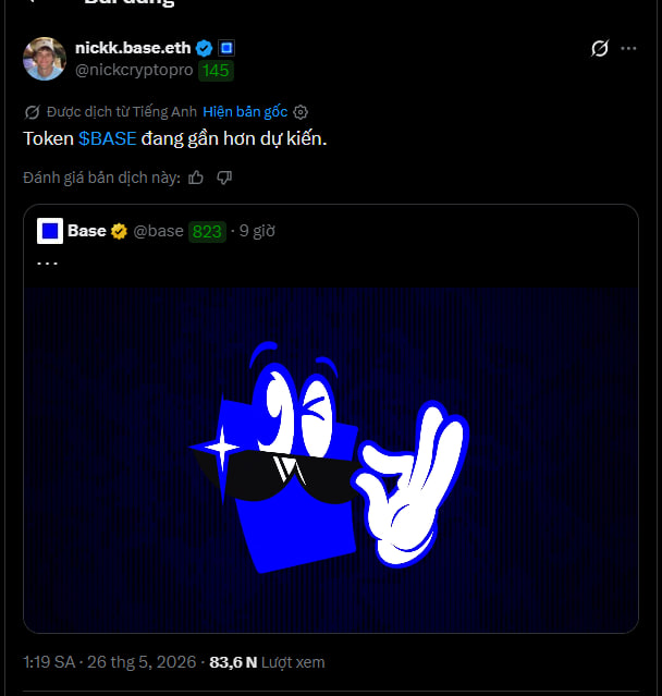 The image features a meme with a blue square character wearing sunglasses and holding up his hand, making a peace sign gesture. The caption of the image includes text in both English and Vietnamese, which reads "Base Keep hinting forever :)) Is there an airdrop or not ... wen airdrop, been waiting forever Hoping the airdrop is decent at least, 'cause it feels like the bros are losing faith in Airdrops big time Wen @nickcryptopro". The image also includes a Twitter handle "@nickbase" and a hashtag "#base".