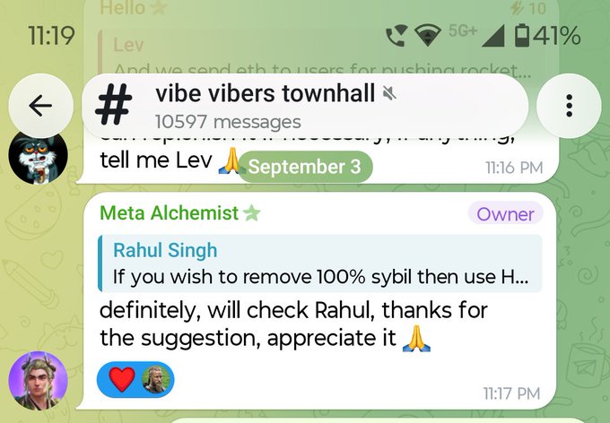 A Telegram chat screenshot from the "vibe vibers townhall" group with 10,597 messages, showing a conversation where user "Meta Alchemist" (Owner) replies to a suggestion by "Rahul Singh" about removing 100% sybil, dated September 3.