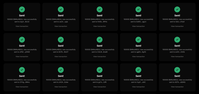A grid of 15 identical "Sent!" confirmation cards showing 100,000 $NINJABULL tokens successfully sent to various Solana wallet addresses (including .dLzG, .ucV, .99ha, .5WRC, .QfgX, .qPBZ, .WeCT, .DnaW, .qzKB, .K4X9, .CrGq, .zHE4, .zLcR, .z3RW), serving as proof of an airdrop distribution to early supporters of the NinjaBull presale at ninjabull.fun.