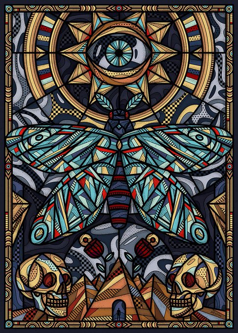 An ornate symmetrical illustration featuring a large central moth/butterfly with teal and red patterns, two skulls at the bottom corners, and a stylized eye design at the top, all set against an intricate decorative background in gold, blue, and red tones.