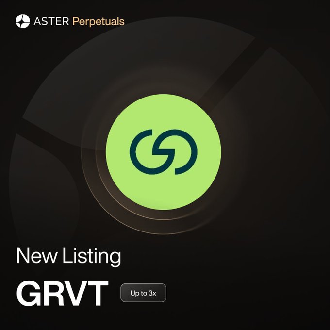 A dark promotional graphic from 'ASTER Perpetuals' announcing a 'New Listing' for the token 'GRVT' with up to 3x leverage, featuring a green circular logo.