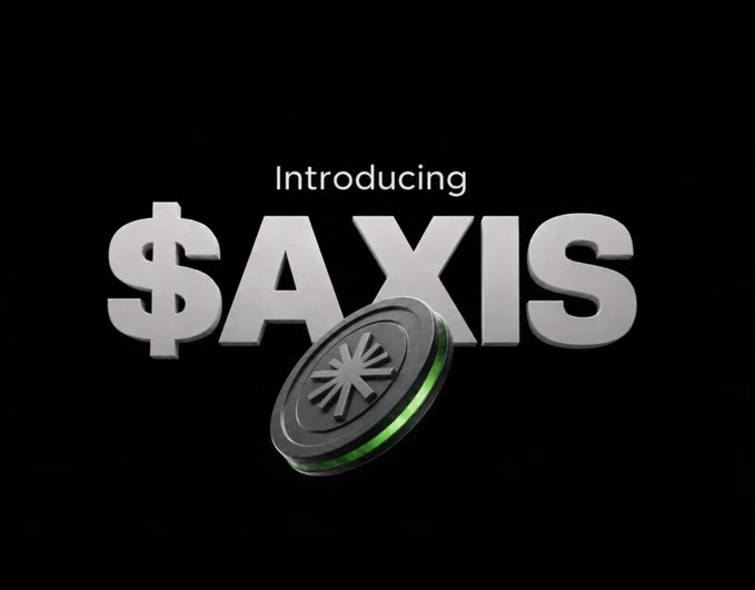 A black graphic announcing 'Introducing $AXIS' in large white letters, accompanied by a 3D coin featuring a green glowing edge and a starburst symbol.