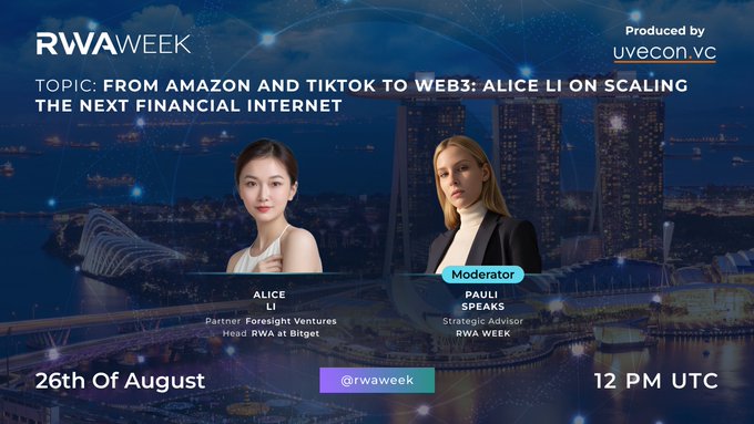 A promotional graphic for RWA Week, produced by uvecon.vc, announces a discussion titled "From Amazon and TikTok to Web3: Alice Li on Scaling the Next Financial Internet," featuring Alice Li (Partner at Foresight Ventures, Head of RWA at Bitget) as a speaker and Pauli Speaks as moderator, scheduled for August 26th at 12 PM UTC. The event aligns with the post highlighting Alice Li's background in consumer growth at Amazon and TikTok before transitioning to Web3.