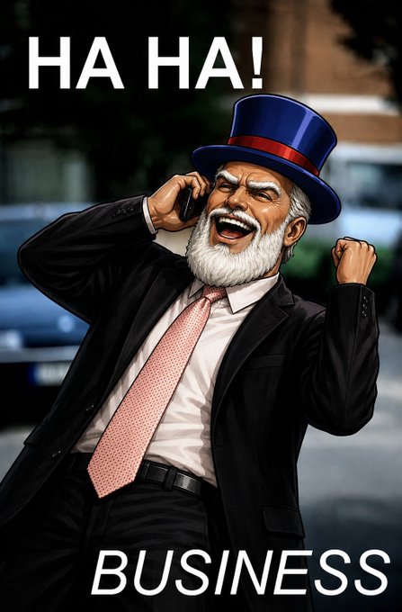 A stylized illustration shows an elderly man with a white beard, wearing a blue top hat, black suit, and pink tie, laughing uproariously while holding a phone to his ear. The text "HA HA!" appears at the top and "BUSINESS" at the bottom, humorously reflecting the post's punchline about Avalanche being excluded from business discussions.