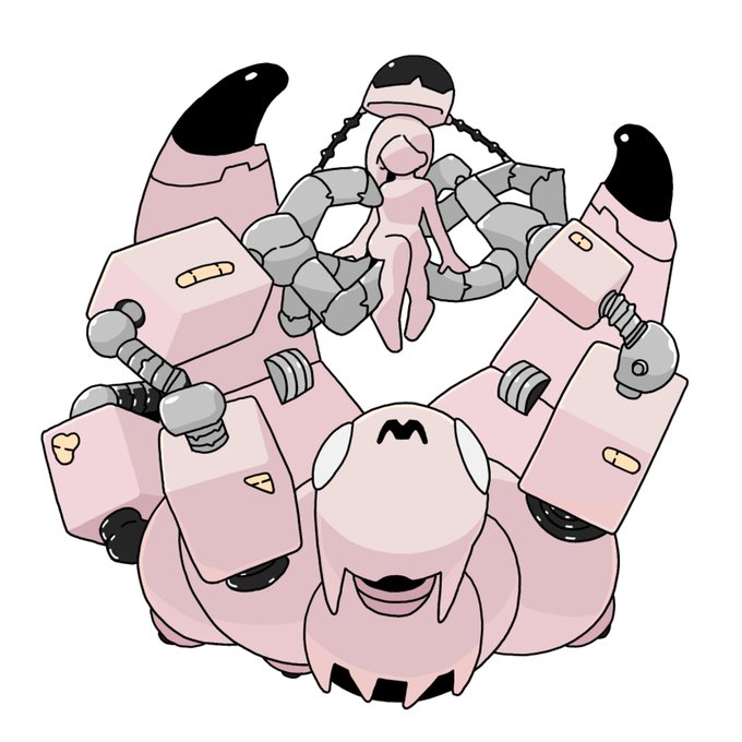An illustration of a pink and gray mechanical creature or robot with multiple articulated arms and pointed appendages, holding a small figure in its center.