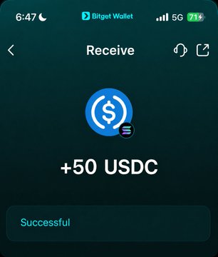 A screenshot of the Bitget Wallet app displays a successful transaction receipt of "+50 USDC" being received, with a "Successful" status indicator shown below. The image illustrates the post's claim of receiving free USDC funds, in this case showing a $50 USDC deposit confirmation in the wallet.