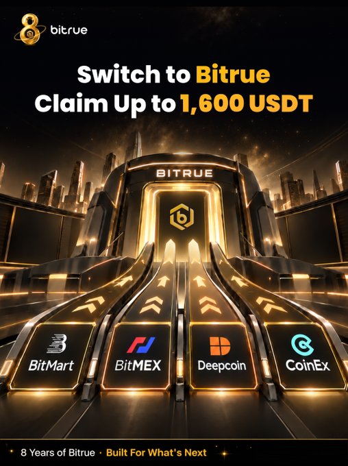 The image is a promotional advertisement featuring the Bitrue logo and headline text "Switch to Bitrue - Claim Up to 1,600 USDT," alongside logos of competing exchanges (BitMart, BitMEX, Deepcoin, and CoinEx) shown as paths leading to the Bitrue platform in a futuristic gold-and-black cityscape design.

The ad visually reinforces the post's message by depicting the four competing exchanges as migration paths funneling users toward Bitrue, highlighting the exchange-switch incentive tied to the 500,000 USDT reward pool.