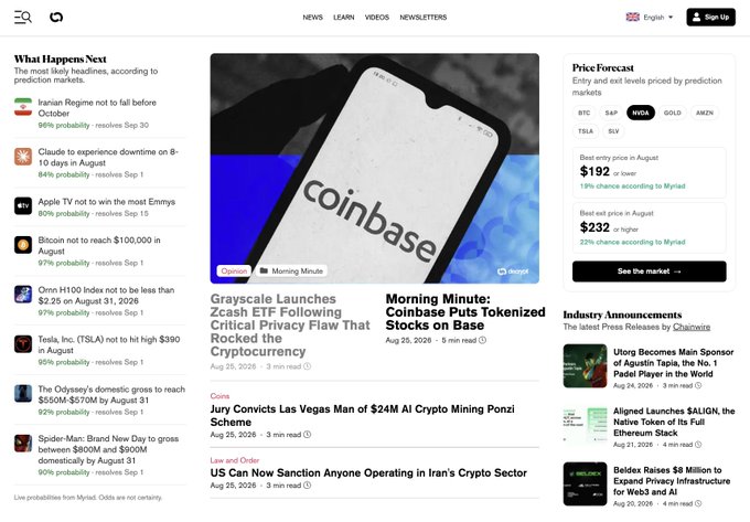 A screenshot of the Myriad Markets prediction platform homepage displays a "What Happens Next" sidebar with forecasts such as "Iranian Regime not to fall before October" at 99% probability and "Bitcoin not to reach $100,000 in August" at 97%, alongside featured articles on Grayscale's Zcash ETF, Coinbase's tokenized stocks, and a Coin mining verdict, with a "Price Forecast" panel on the right listing tickers like BTC, S&P, NVDA, GOLD, TSLA, and SLV. The interface showcases the prediction markets platform being teased in the accompanying post about upcoming changes.