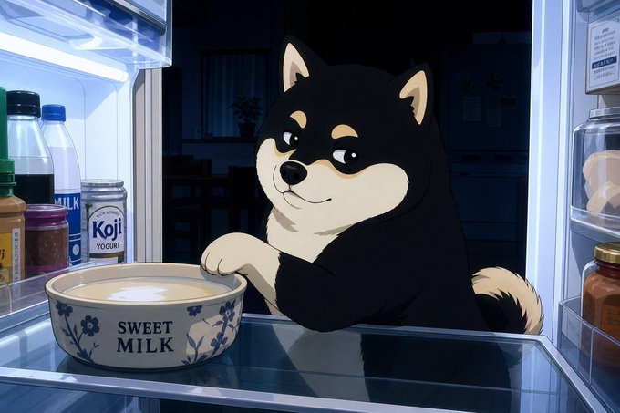 An anime-style black Shiba Inu sits inside an open refrigerator next to a bowl labeled "SWEET MILK," a jar marked "Koji YOGURT," and various bottles. The image whimsically illustrates the caption's "always room for dessert" theme by showing the dog eyeing the sweet treats inside the fridge.
