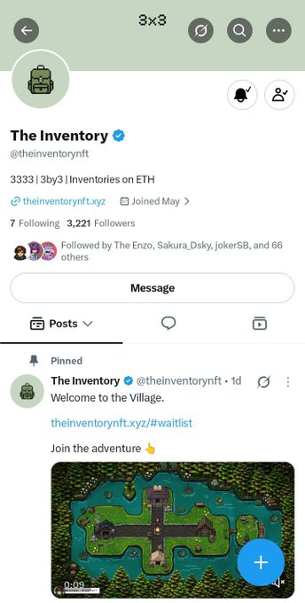 A Twitter/X profile for 'The Inventory' (@theinventorynft), an NFT collection with 3,211 followers, featuring a pinned post welcoming users to the Village and inviting them to join the adventure.