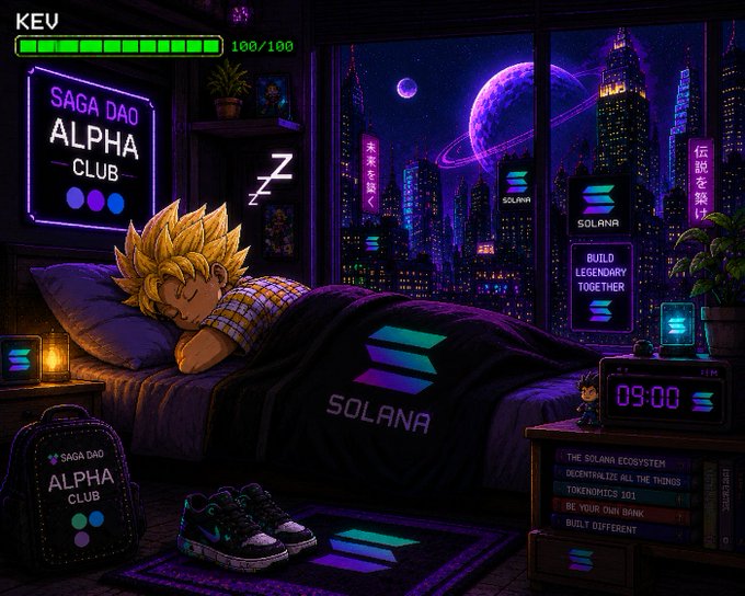 The image features a cartoon boy sleeping on his bed with a pillow, wearing a plaid shirt that has "SOLANA" written across it. In front of him are two potted plants, one green and one purple, as well as several books scattered around the room. The background shows a city skyline at night, which is part of an album cover for the video game Alpha Dad's Club.

The post reads: "3 SOL and a dream gn". This means that there are three solutions to the problem in the image, represented by the boy sleeping on his bed with a pillow. The word "gn" suggests that these solutions might be related to the concept of dreams or imagination.