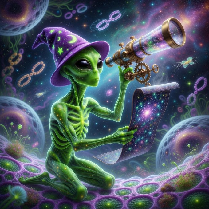 The image features an alien dressed as a wizard with a purple hat holding a telescope up to its eye. The background of the image is filled with stars, planets, and other celestial bodies, creating a sense of space and wonder. The caption reads "Gm and Happy Tezos Tuesday gang! Let'S share art and find some new pieces to collect!".