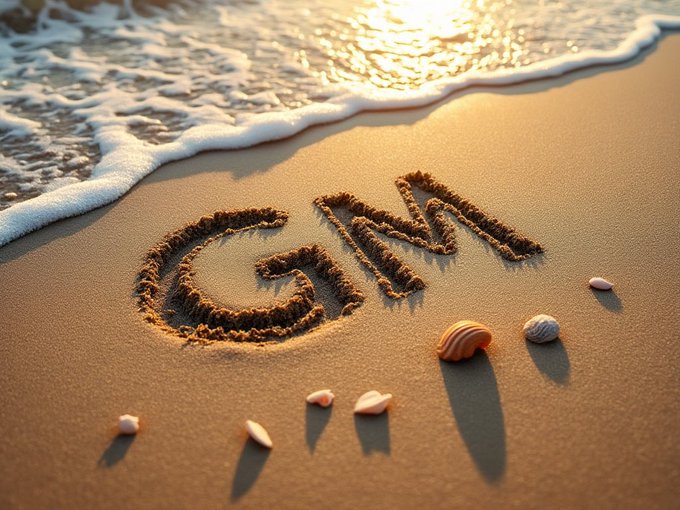 The image features a beach scene with sand, water, and seashells. The main focus of the photo is the word "GM" written in the sand using chalk or paint. The background shows waves crashing onto the shoreline, creating an atmosphere of relaxation and leisure. The caption provided connects the image to a post about FIH (Founded In The Haze) creators and their data-driven ecosystem, which includes predictions, DeFi, and community activity.