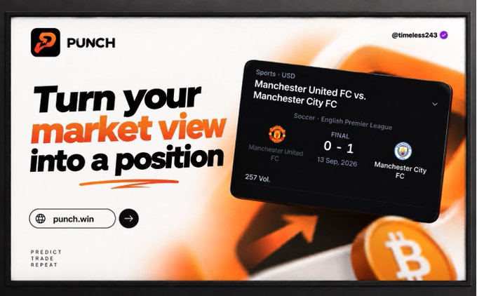 A promotional graphic for PUNCH featuring the text 'Turn your market view into a position' and a sports betting card showing a 'Manchester United FC vs. Manchester City FC' match ending 0-1.