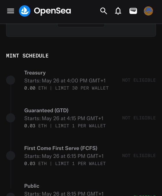 The image shows an openSea app with a black background displaying information about a Mint schedule for a cryptocurrency called eth. The app provides details of the scheduled transactions and their respective timestamps, as well as the amount of ether being minted per transaction. The post is titled "the beaks nft is minting today by 3pm UTC sidelined again as usual. real art, not just vibes... i feel this would do numbers." This message congratulates those who are eligible to participate in the Mint schedule and highlights the successful completion of the scheduled transactions.