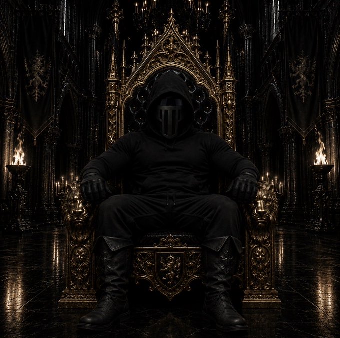 A dark, gothic illustration of a hooded figure wearing a black mask seated on an ornate golden throne adorned with lion head carvings, set in a candle-lit cathedral-like hall.