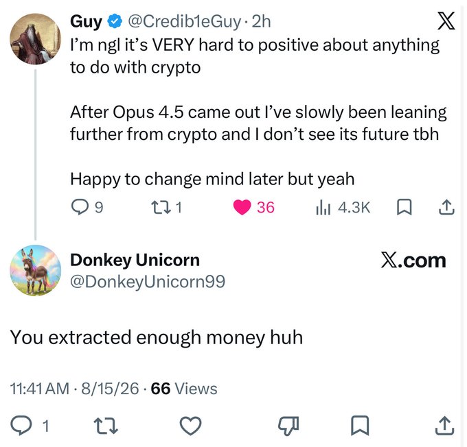 A screenshot of tweets shows @Credib1eGuy expressing difficulty being positive about crypto after Opus 4.5, with a reply from @DonkeyUnicorn99 saying 'You extracted enough money huh' dated 8/15/26.