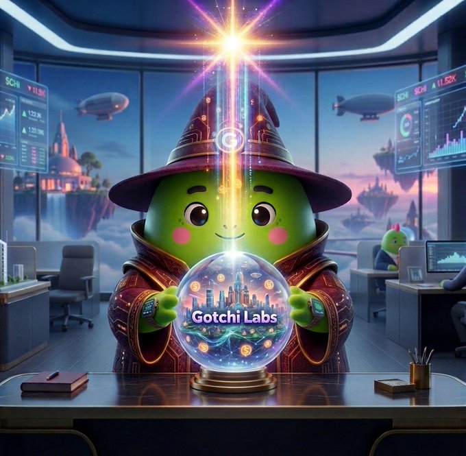 A green cartoon character wearing a wizard hat and robes holds a glowing crystal ball displaying a fantasy landscape with the text 'Gotchi Labs', set in a high-tech office with screens showing financial charts and floating islands visible through windows.