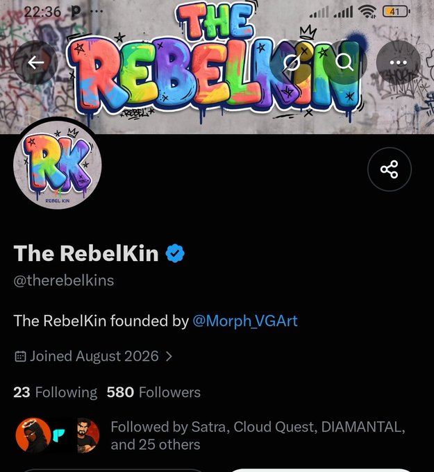 A Twitter/X profile page for 'The RebelKin' (@therebelkins), founded by @Morph_VGArt, showing 23 Following and 580 Followers, with graffiti-style header art.